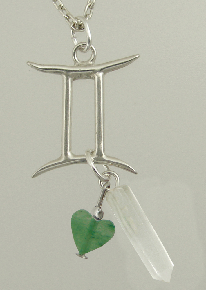 Sterling Silver Gemini Pendant Necklace With an Clear Crystal And Green Heart